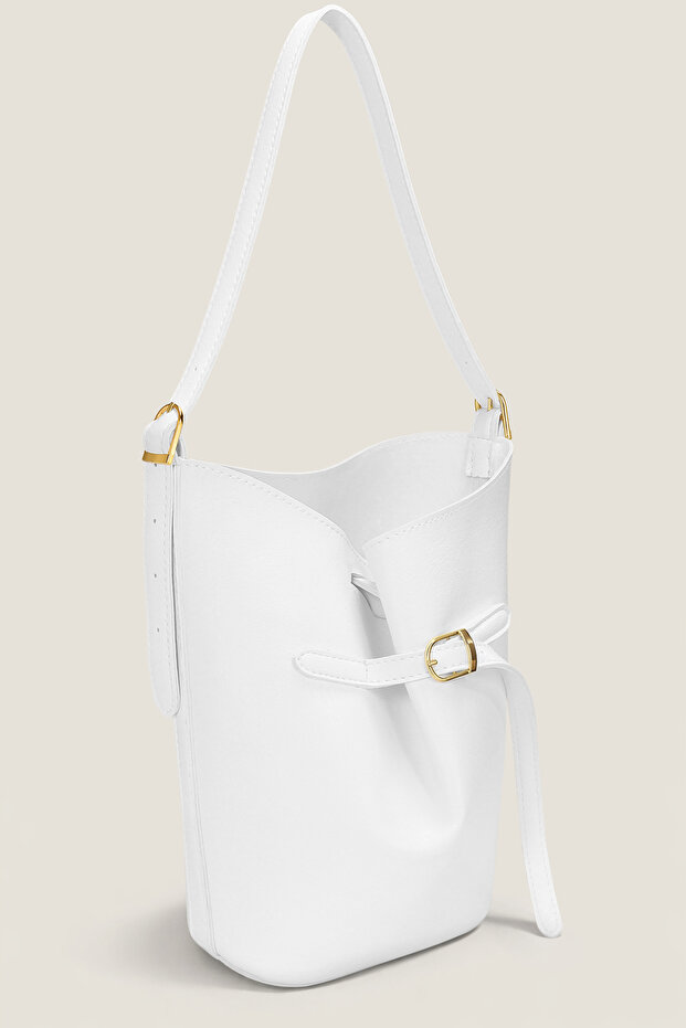 Luna White Bucket Shoulder Bag - Adjustable Shoulder Strap, Gold Accessories