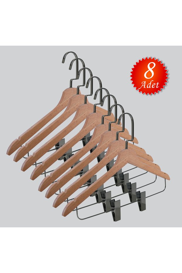 Wooden (Black Nickel Hook) Shirt and Skirt Hanger with Latch Natural Color 8 Pieces