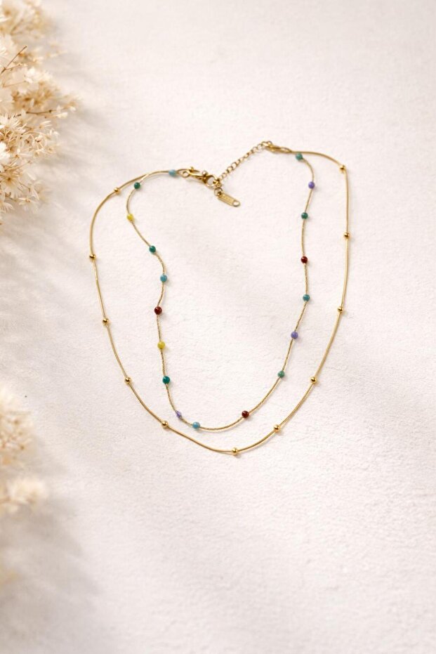 Colorful Beaded Double Layer Gold Steel Necklace