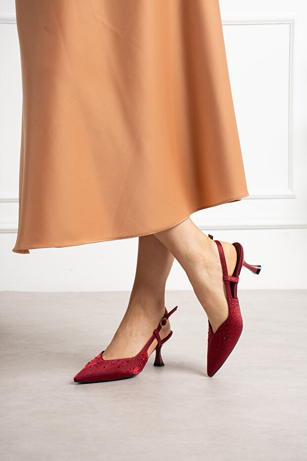 Bordo Taş Detaylı İnce Topuklu Slingback Stiletto – Şık ve Zarif Abiye Kadın Ayakkabı - 2
