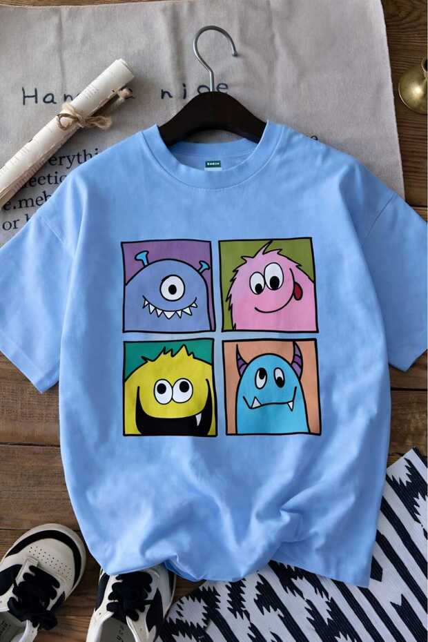 Cute Monster Printed Unisex Children's T-Shirt 6Gh4