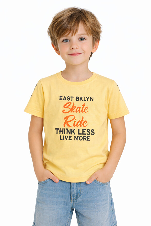 Boy's Skate Written Embossed Skateboard Patterned Yellow Color T-Shirt