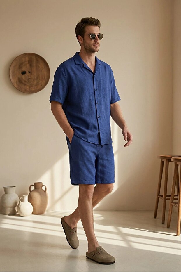 Men's Short Sleeve Shirt & Shorts Navy Blue Bottom Top Linen Set Ls-6721