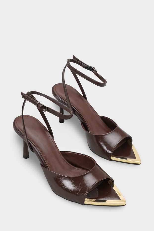 Women's Pointed Toe Gold Buckle Detailed Casual Heels Rias Brown