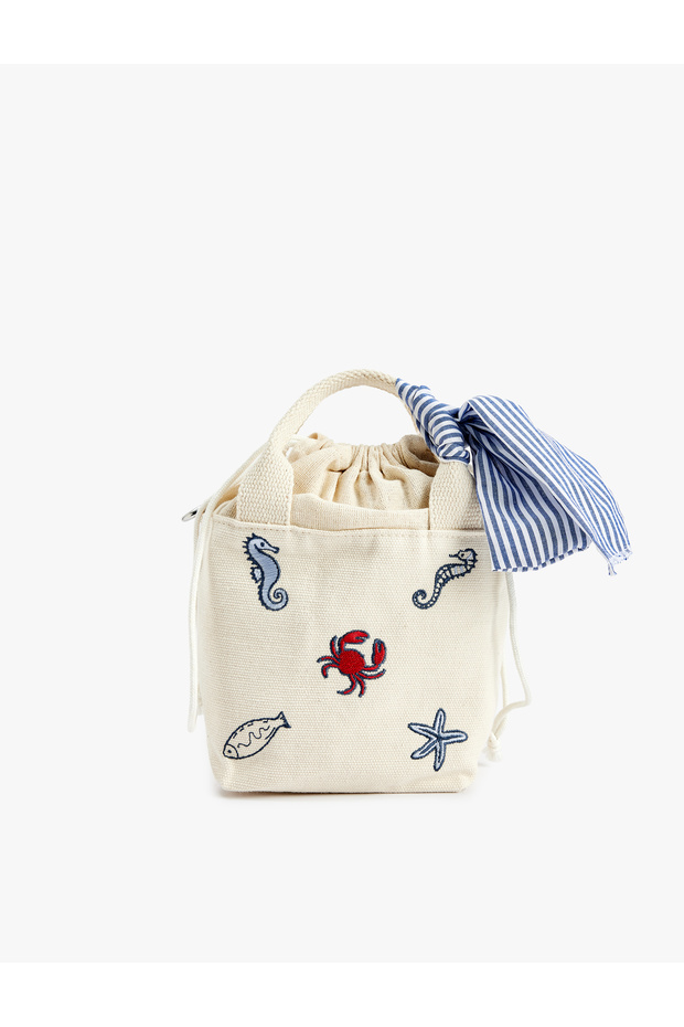 Drawstring Box Cloth Bag with Handle, Bow Detail, Crab and Seahorse Embroidery Detail