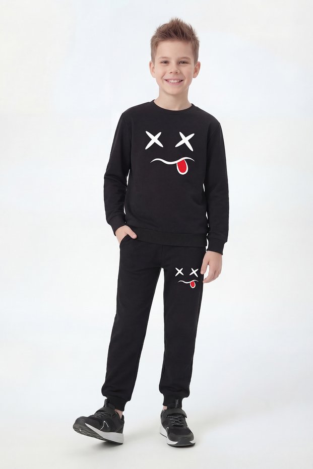Round Necked Emoji Print Detailed Boys' Tracksuit Set