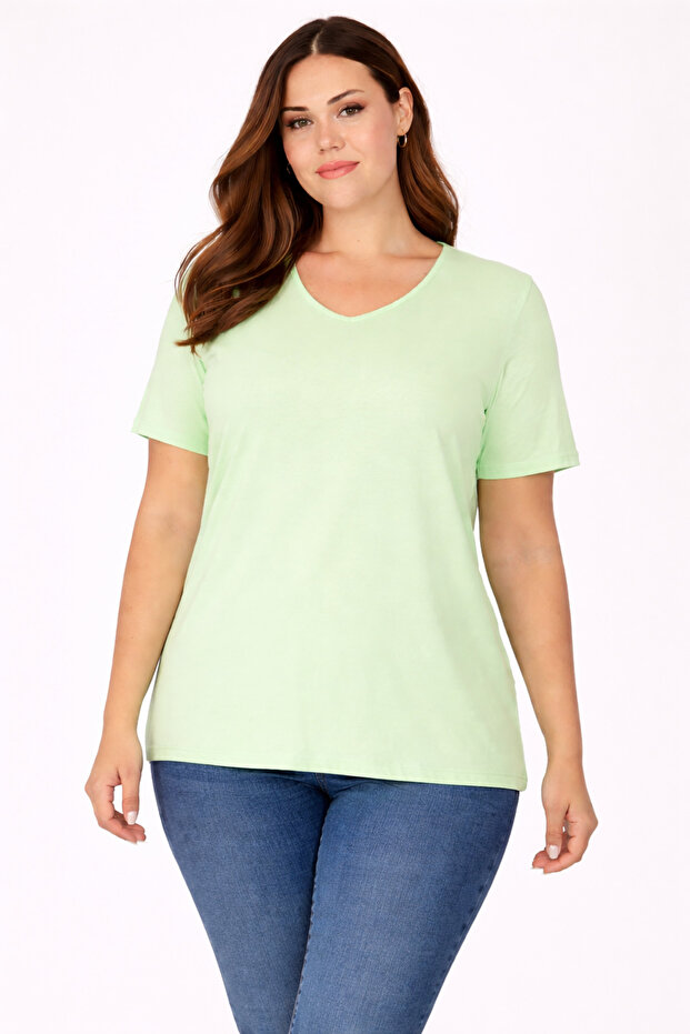 Women's Plus Size Green, Cotton Fabric, V-Neck, Short Sleeve Blouse 65N39056