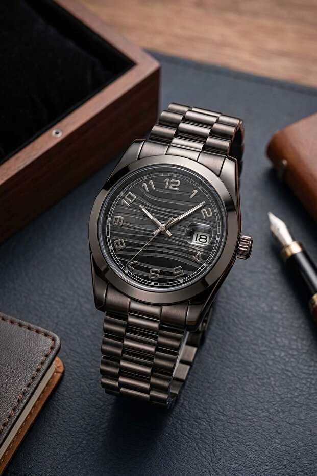 Burry Black Case Special Design Dial Calendar Round Premium Men's Wristwatch