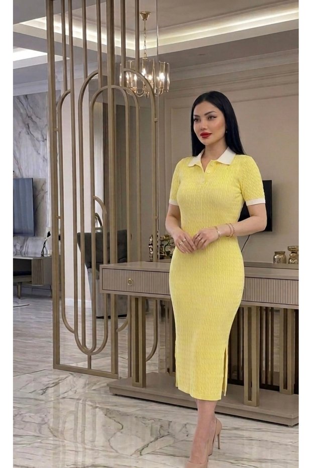 Short Sleeve Midi Length Soft Textured Knit Dress Yellow