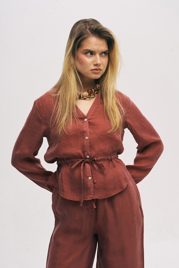 Women's V-Neck Relaxed Fit Elastic Waist Solid Color Shirt