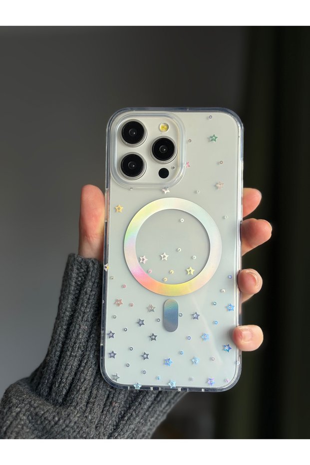 Premium phone case with colorful hologram and star print compatible with iphone 15 and magsafe
