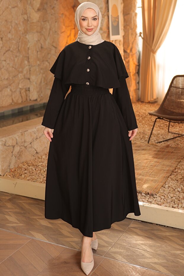 Black Buttoned Cape Shirt and Skirt Set
