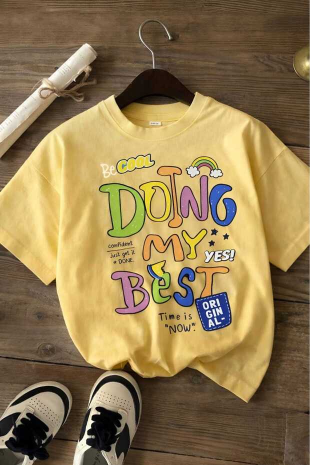 تي شيرت مطبوع عليه DOING MY BEST للأطفال من الجنسين 8GH6