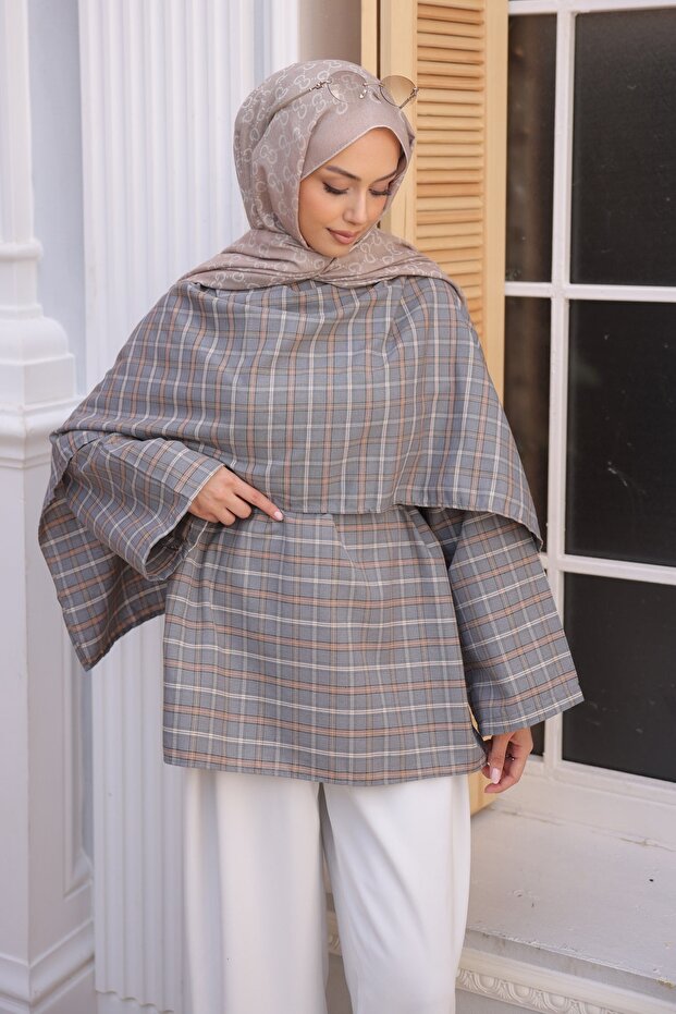 Gray Plaid Pattern Waist Tie Shawl Detail Tunic