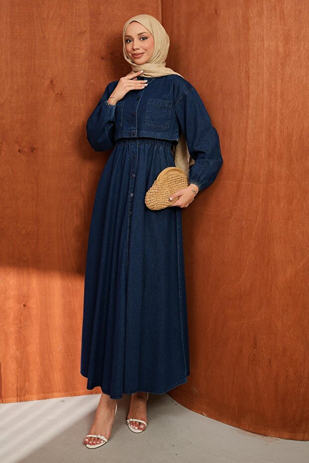 Navy Blue Jacket and Denim Dress Combination
