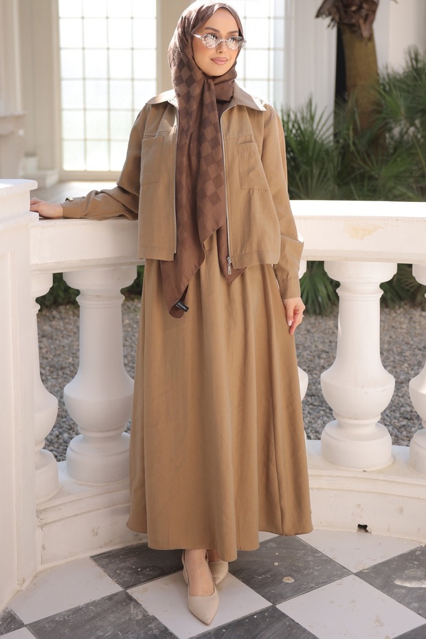 Camel Zippered Jacket and Skirt Set