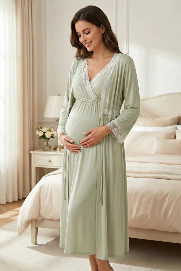 Maternity and Nursing Nightgown and Robe Set - 90% Cotton Maternity Set - Mint Green