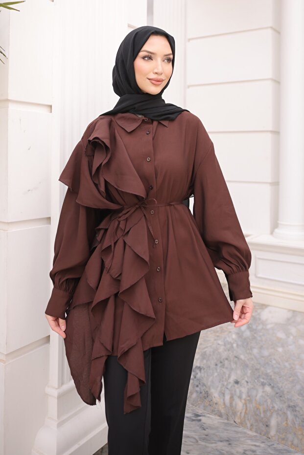 Brown Buttoned Flounce Lace-Up Tunic Shirt