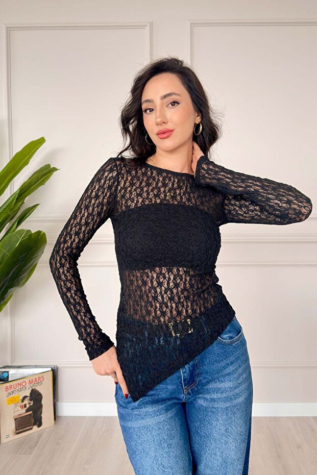 Asymmetrical Cut Transparent Lace Black Blouse