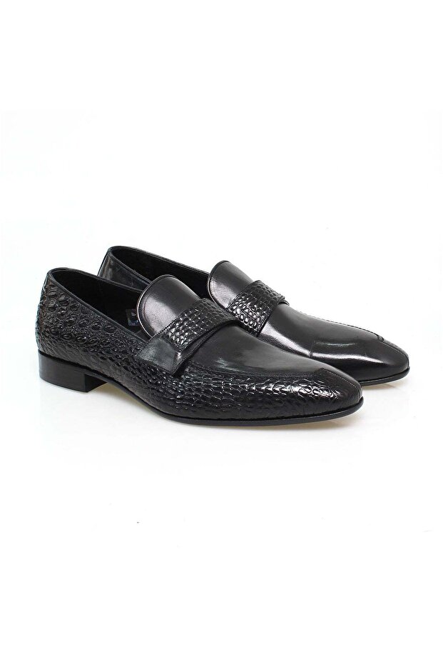 Black Color Laceless Genuine Leather Men's Shoes