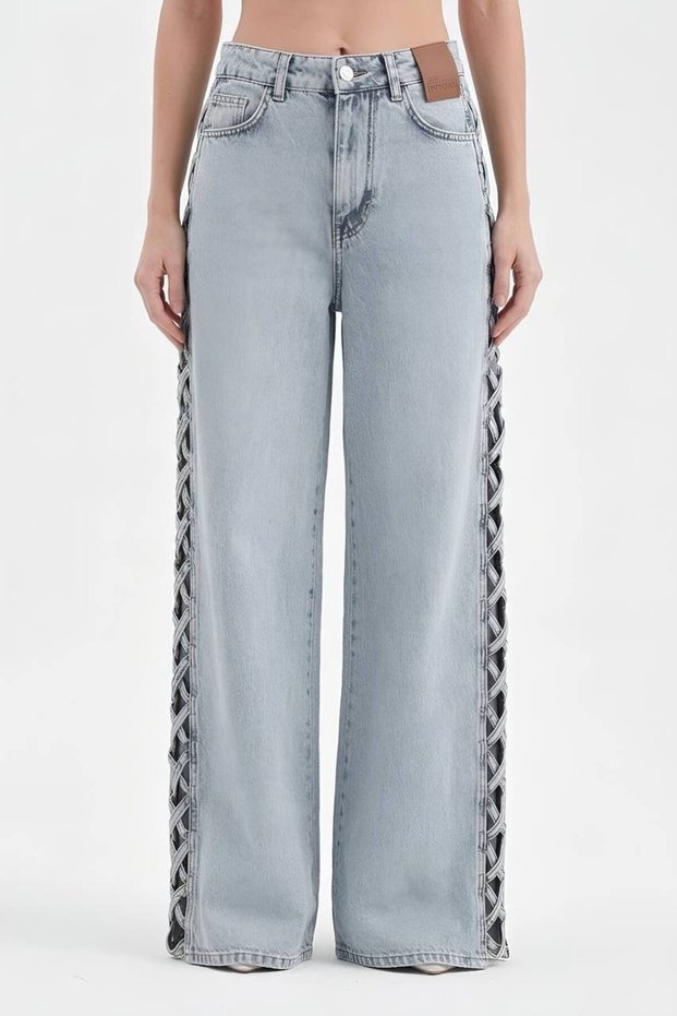 Women's Side Cut-Out Design Palazzo Jeans with Piping Detail