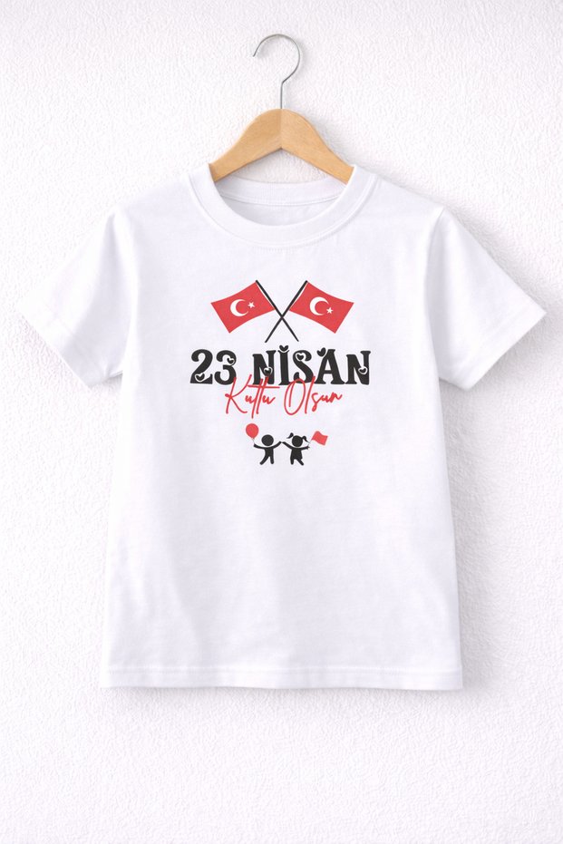23 April White Short Sleeve T-Shirt for Girls/Boys - with Turkish Flag