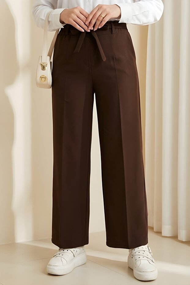 Brown Elastic Waist Wide Leg Pants