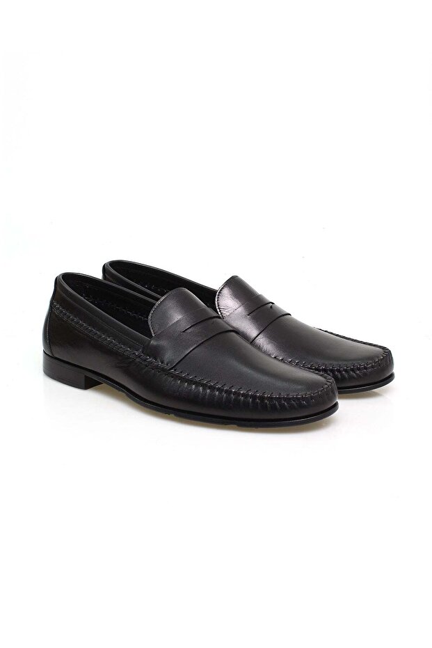 Black Color Laceless Genuine Leather Men's Shoes