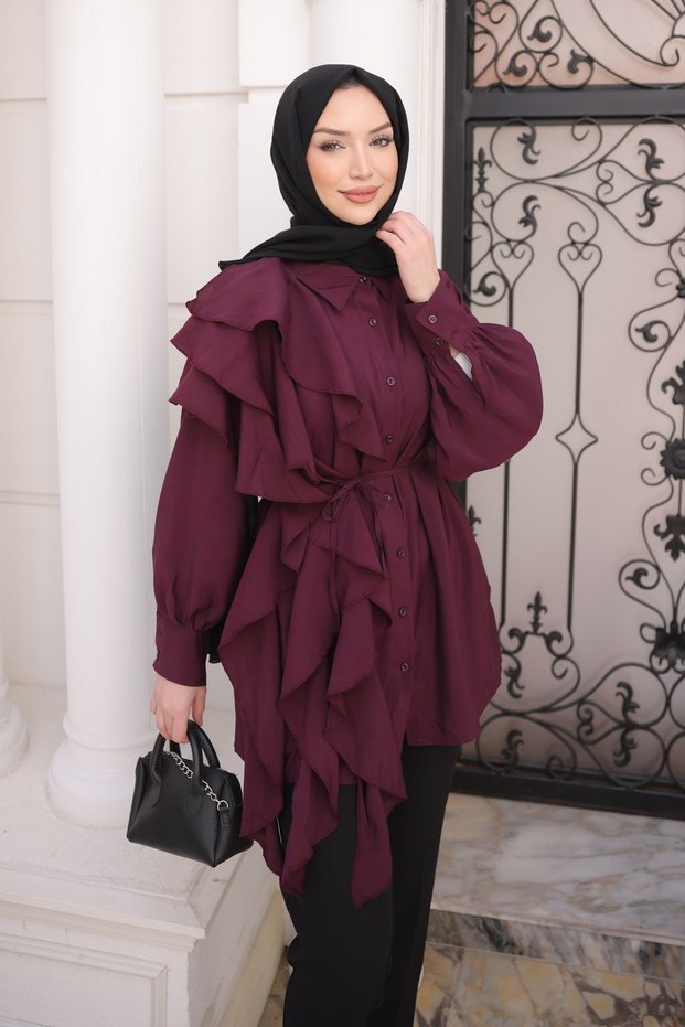 Plum Buttoned Flounce Tunic Shirt with String Laces