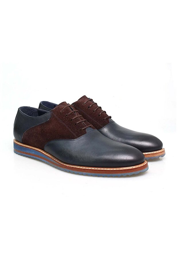 Dark Blue Brown Laced Genuine Leather Men's Shoes