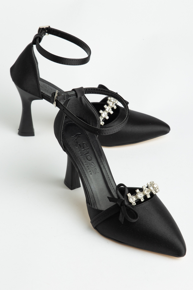 Women's Black Semi-Closed Ankle Strap Ribbon and Stone High Heel Stiletto Shoes