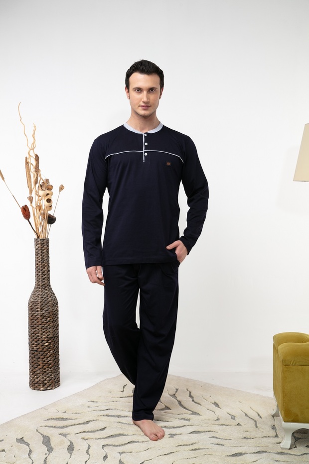 Men's Long Sleeve Buttoned Pocketed Cotton Seasonal Navy Blue Gray Piping Pajama Set