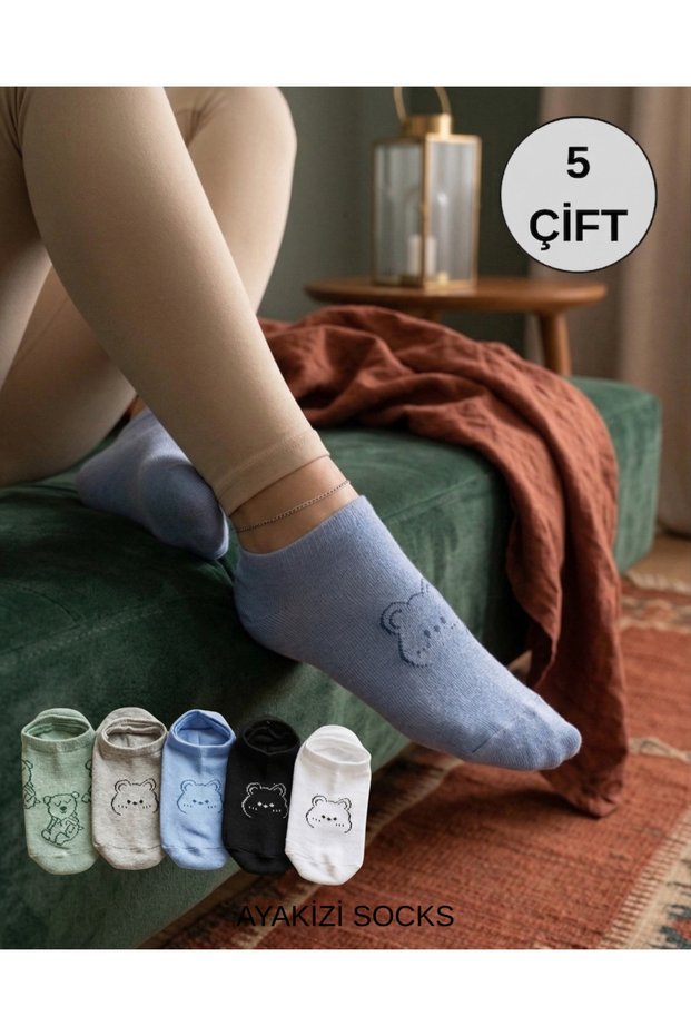 5 Pairs of Economical Teddy Bear Patterned Women's Booties Socks
