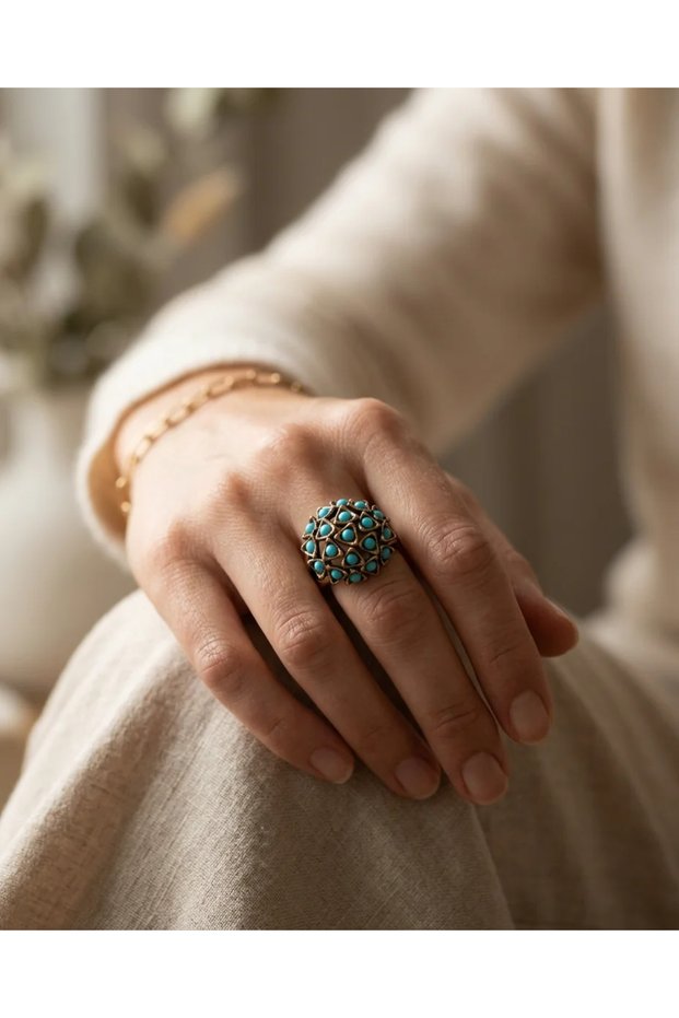 Bronze Ring Authentic Jewelry Turquoise Stone Topaz Model Adjustable Vintage Women's Ring