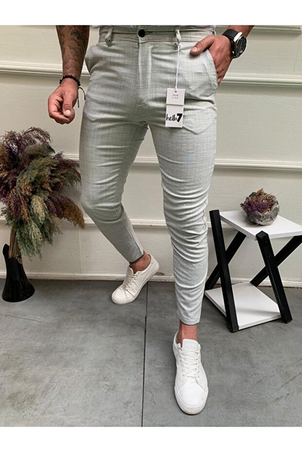 Men's Gray Slim Fit Patterned Fabric Trousers
