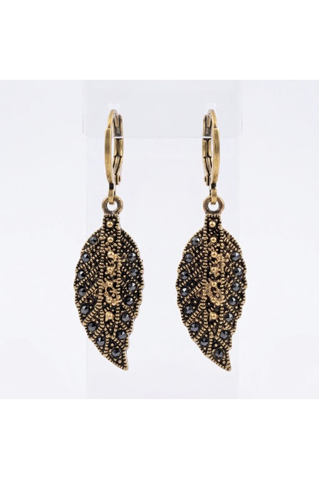 Bronze Earrings Authentic Jewelry Margazite Stone Leaf Model Vintage Women's Earrings
