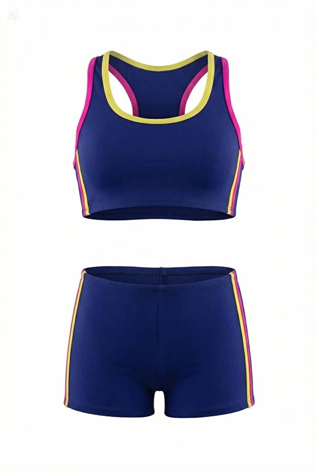 Girl's Navy Blue-Pink Bustier Swimsuit Bikini Set with Shorts