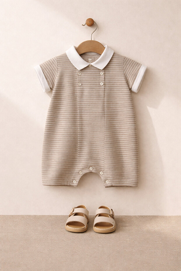 Baby Boy Collared Striped Patterned Button Embroidered Jumpsuit Daily Holiday Wear