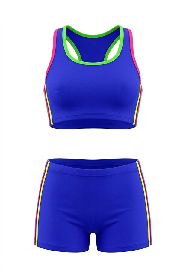 Girl's Blue-Yellow Bustier Swimsuit with Shorts Bikini Set