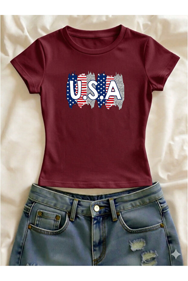 Usa Printed Lycra Slim Fit Short Sleeve Crew Neck Tee Crop