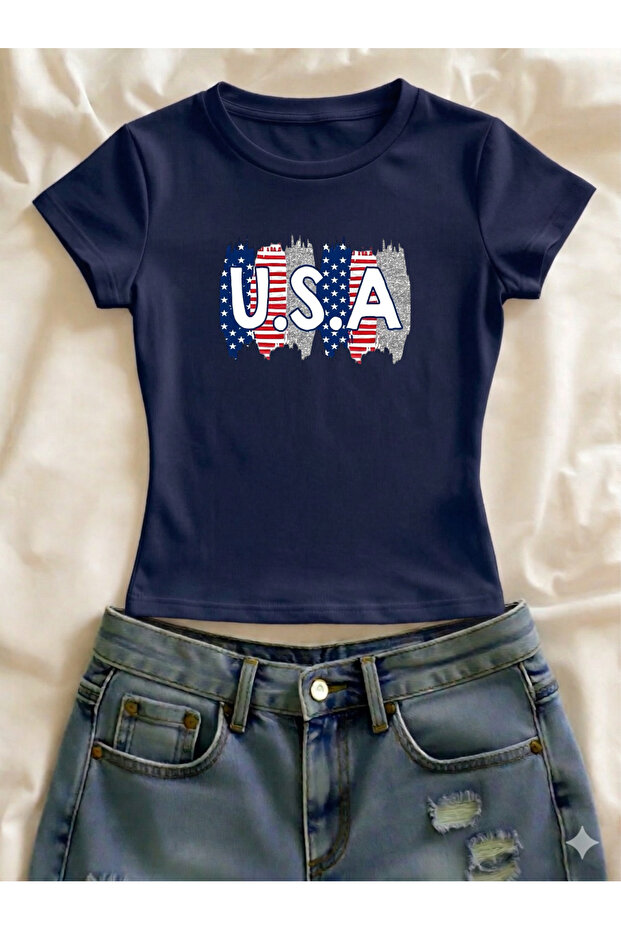 Usa Printed Lycra Slim Fit Short Sleeve Crew Neck Tee Crop