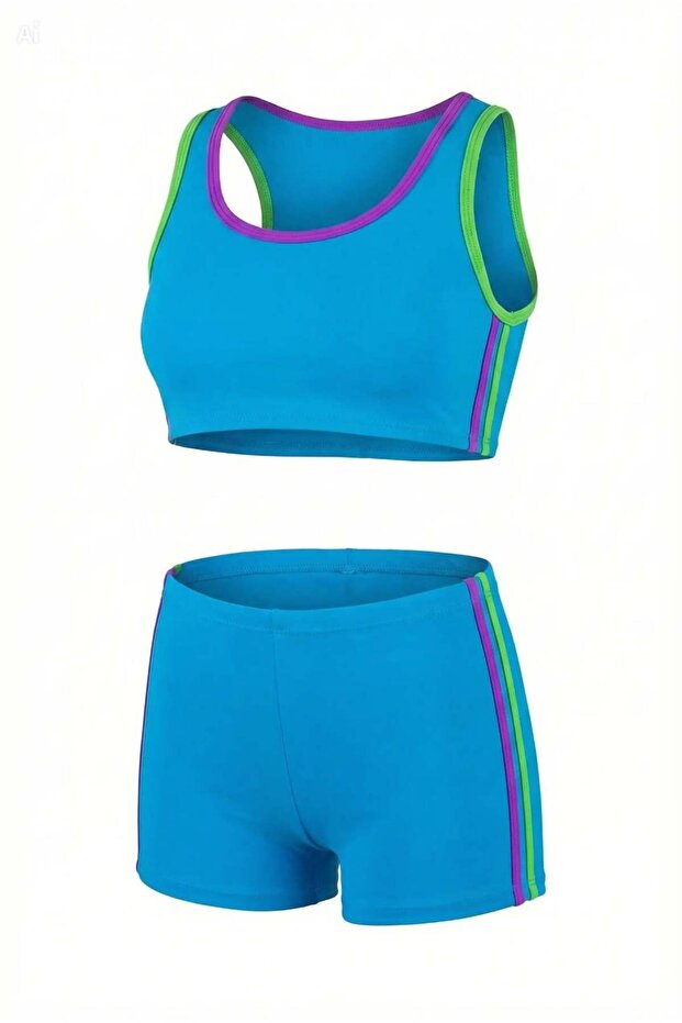 Girl's Light Blue Bustier Swimsuit with Shorts Bikini Set