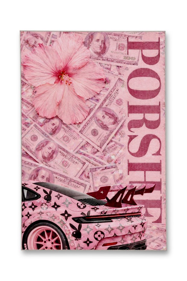 Mosso Pink Themed Abstract Floral Money and Car Pattern Woven Base Modern Decorative Carpet Mosso2201