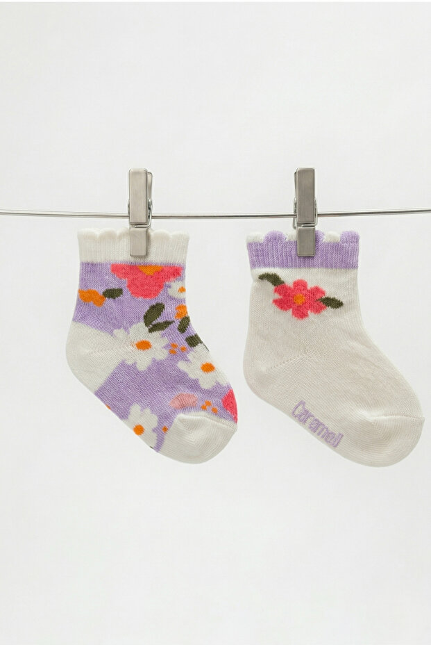 Baby Girl Socks 2-Pack Floral Patterned Ruffled 90% Cotton 2 Pairs (Total 4 Pieces)