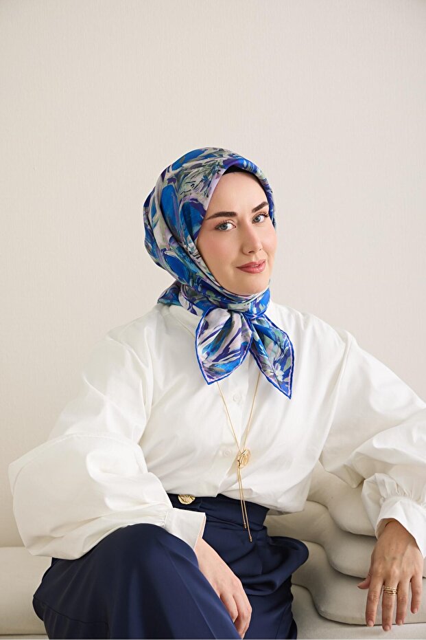 Twill Silk Scarf Floral Art Pattern Navy Blue 90X90