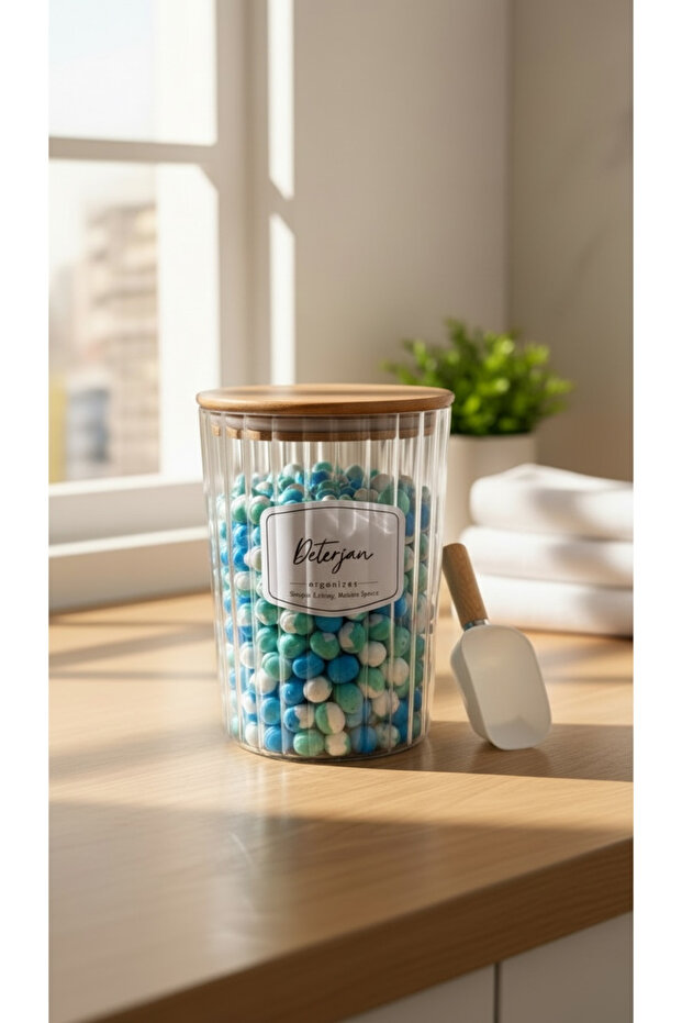 Oval Detergent Jar Storage Container with Wooden Lid 2.3 Liters