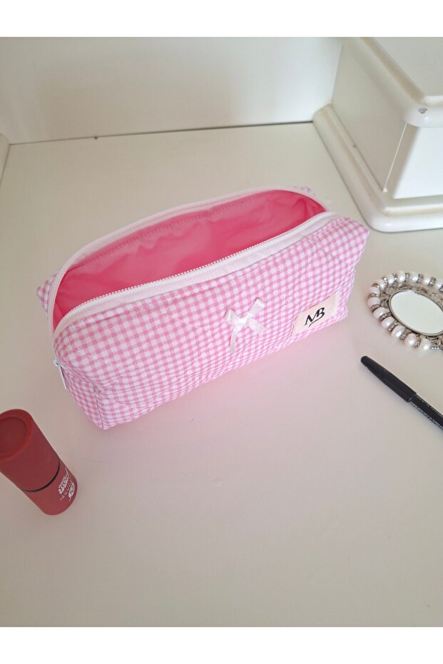 Pink Gingham Patterned Pencil Bag - 7
