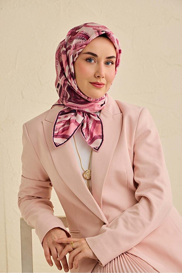 Twill Silk Scarf Abstract Pattern Dusty Pink 90X90