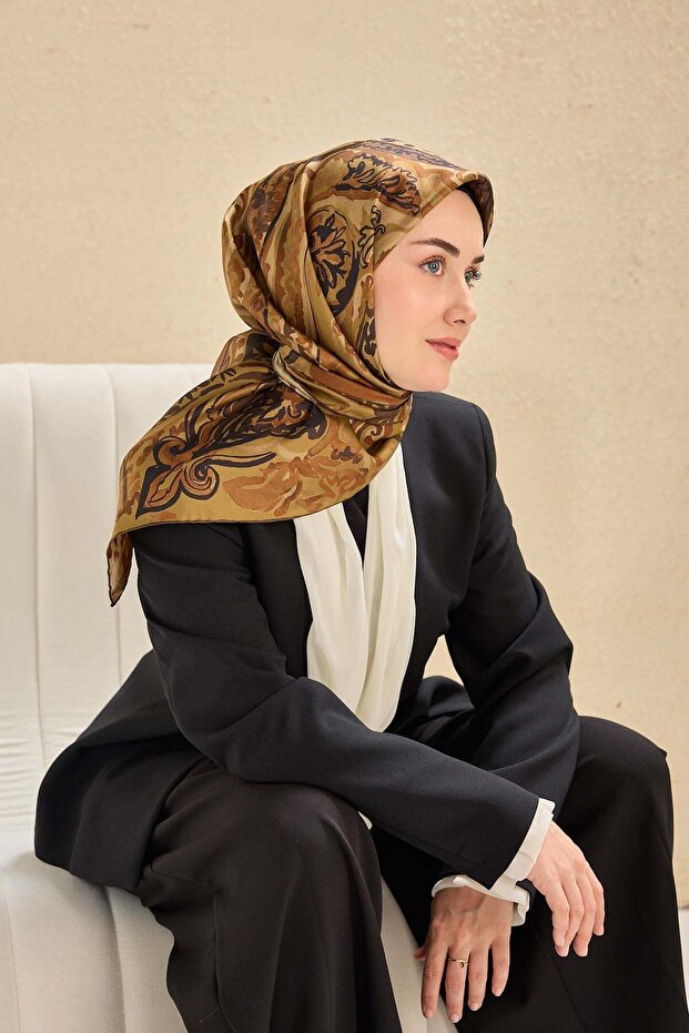 Twill Silk Scarf Art Pattern Olive 90X90