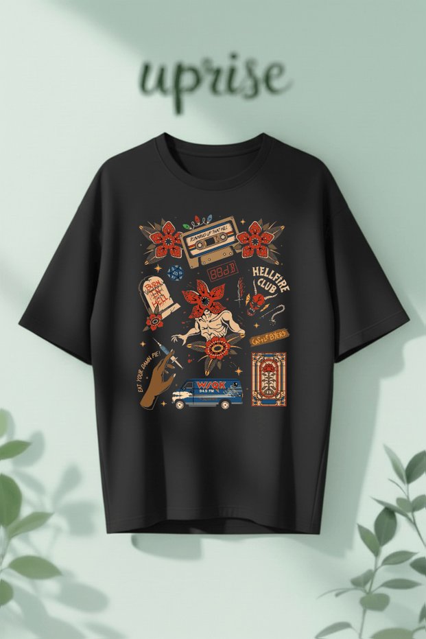 Stranger Things Collage Printed Cotton Oversize T-Shirt